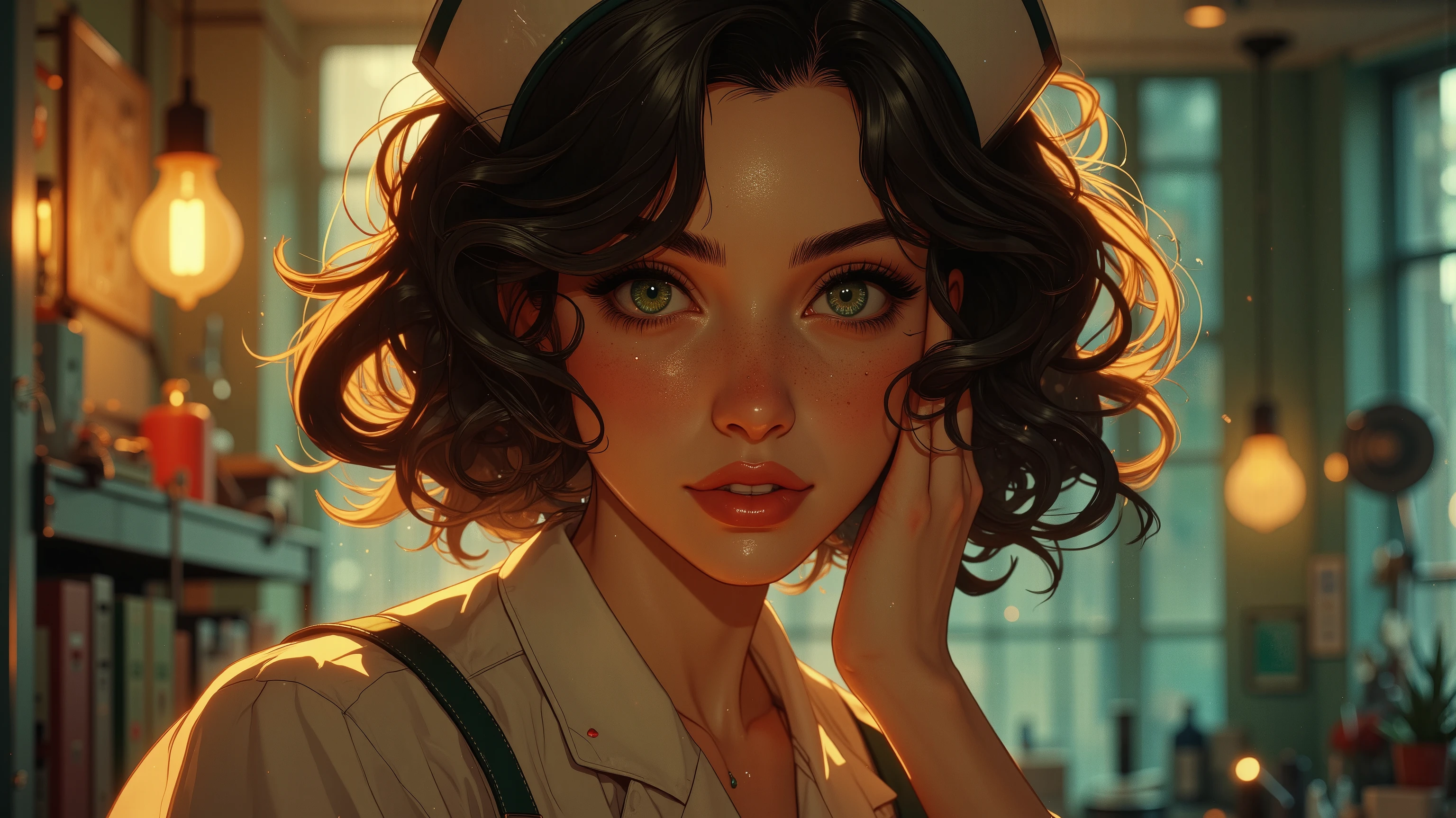 A cinematic shot of a Yandere Nurse with gentle devotion. She has highly defined muscles, tanned, glimmering skin, and perfect anatomy. Her ultra-detailed face, hands, and feet showcase meticulous detail. In a HDR, ray-traced setting, she stands with perfect posture, eyes gazing possessively. 16k, UHD clarity.