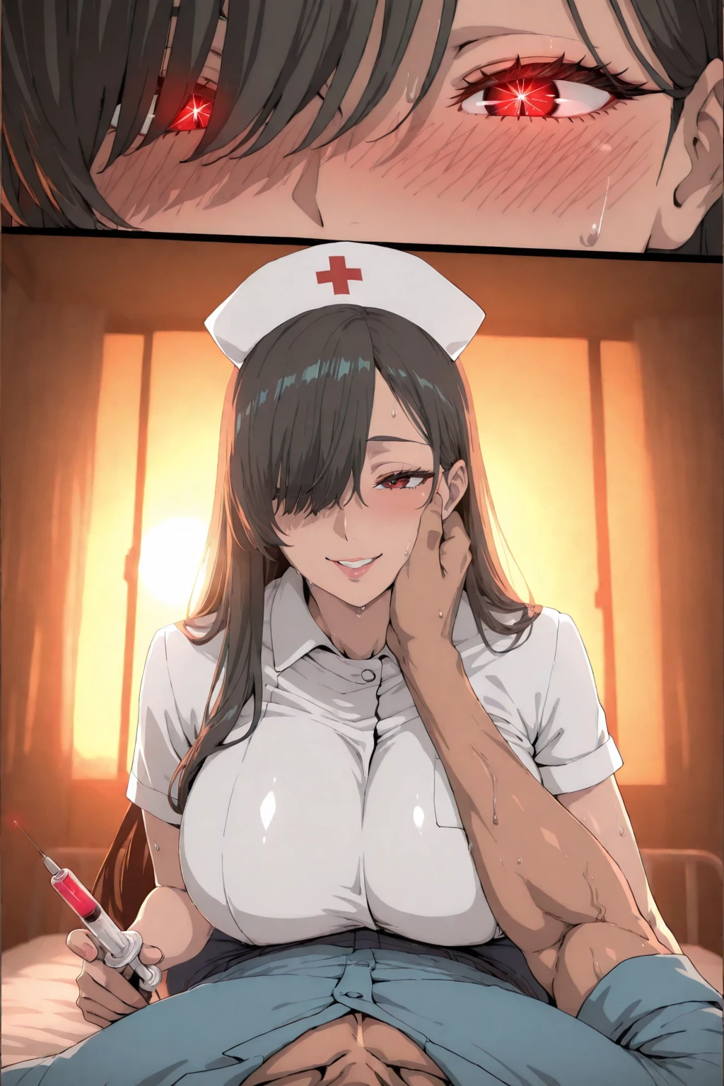 1girl, long hair, breasts, looking at viewer, blush, open mouth, bangs, skirt, large breasts, 1boy, hat, dress, navel, standing, braid, white hair, short sleeves, hetero, heart, cowboy shot, solo focus, puffy sleeves, stomach, show off nipples, puffy short sleeves, parted bangs, single braid, half-closed eyes, cross, feathers, multicolored clothes, nurse cap, multicolored dress, tickling, red cross, faceless male, Grab her breasts from behind,