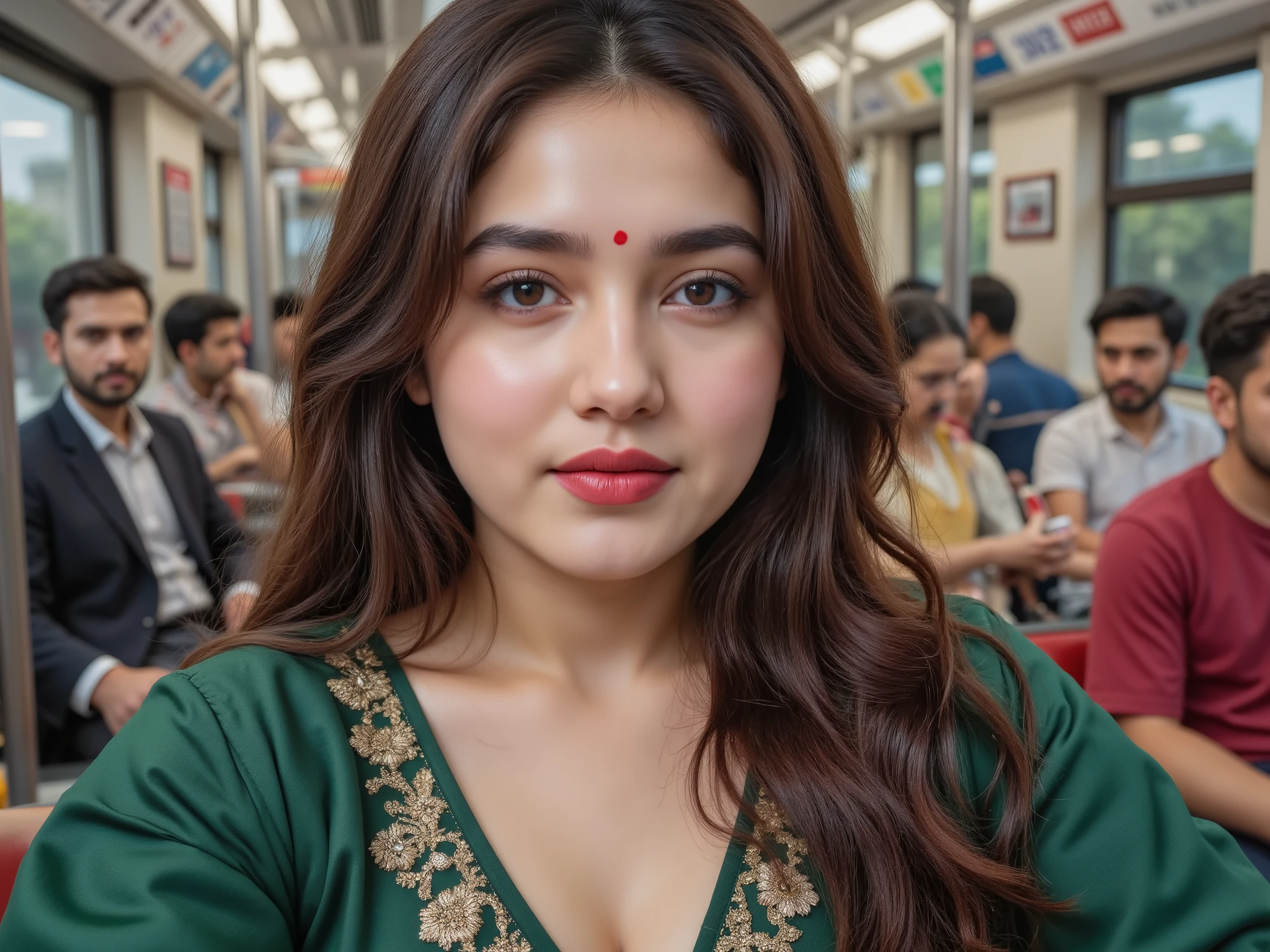 A North Indian-European Curvy Milf Bhabhi aged 38. She has the delicate, beautiful bimbo facial structure of an Indian Women with the milky white fair skin tone. Long shiny wavy hair. A Long round point, symmetrical nose, placed perfectly at the center of her erotic face. Heavy Eye makeup with Maroon Eyeshade. She has large upturned eyes, with mesmerizing grey hazel irises, accentuated with signature dark thick winged eyeliner, dark eye mascara, long eyelashes and dark circles near her eyes for a uniquely memorable charm. (Black Bindi between her eyebrows), adding traditional allure. Her lips are thick plump, with a fuller lips bow shaped, always coated in a Liquid Matte Magenta lipstick, making her canine smile striking and attention-grabbing. She has a sharp jawline, a softly receding chin, a thin neck, and defined sharp collarbones.
((Gigantic Z-Cup size boobs:1.2)), ((Huge Pushed up breast striking deep cleavage in every photo:1.3)). Her chubby curvy body has a shocking wide pear-shaped form, with voluptuous Thick Thighs. (Wide Hips). (Large Fat Thick Thighs). She boasts shocking proportions a 48 inch hip and a 38 inch waist, with a gigantic large bust and narrow shoulders, creating a dramatically feminine silhouette.
Crazy Eye Contact. Sitting in Densely Crowded Delhi Metro Train with Lot of Indian men in train. Upper teeth visible. Canine smile. Facing Looking Straight into camera. Red Bindi on forehead. (extra refined face). Wearing Full Green Shiny Kurta Embroidered, Thigh Slit and Red Leggings. ((close-up selfie portrait)) ((POV close-up Photo:1.2))
Soft ambient glow and professional studio quality. Ultra-detailed, photorealistic, 8K resolution. Dslr, full body, 85mm lens. Full Body Photo. High Quality Texture.