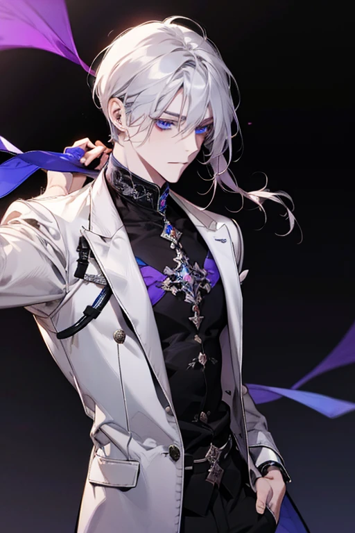 1 boy, anime, futuristic setting, high quality, wolf ears, wolf tail, butler suit, white button-up, spiked collar, chains, holster belts, sleeves rolled up, some undone buttons, scars, bandages, messy hair, fangs, moles