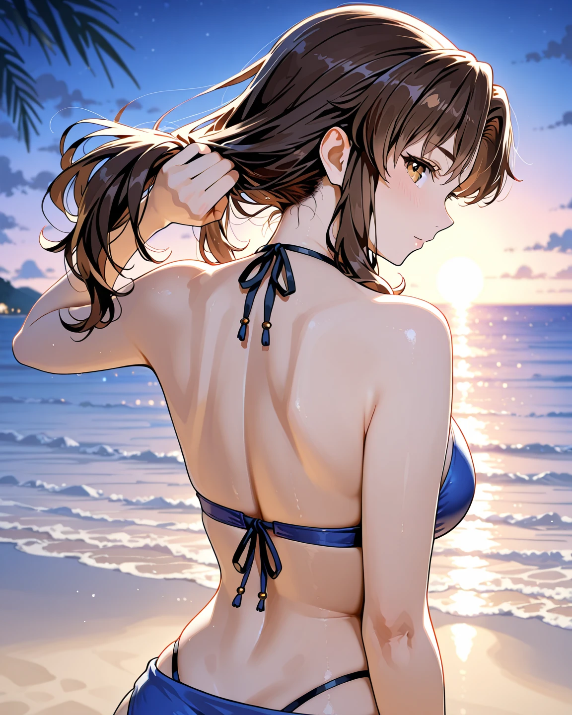 ((masterpiece, Highest quality, High resolution, uhd, Pixel perfect, Depth of written boundary, 4K, RTX, HDR)), 1 Girl, single, alone, 24-years-old, Anime Girls, Beautiful art style, anime character, ((Parted bangs, Brown Hair)), (blue eyes、Round eyes, Delicate eyelashes、Beautiful eyelashes, Perfect Eyes), (Detailed face:1.2), (Smooth texture:0.75, Realistic texture:0.65, Realistic:1.2, Cinematic, Anime CG Style), Perfect body, Ocean:1.3、Moderately good breasts:1.7、Micro Bikini:1.8、Visible from the thighs:1.9、Wet、Water Drop、Splash、nsfw、visible from below、Pause、smile、Night Background:1.8、Bra shoulder straps:1.8、Seen from behind