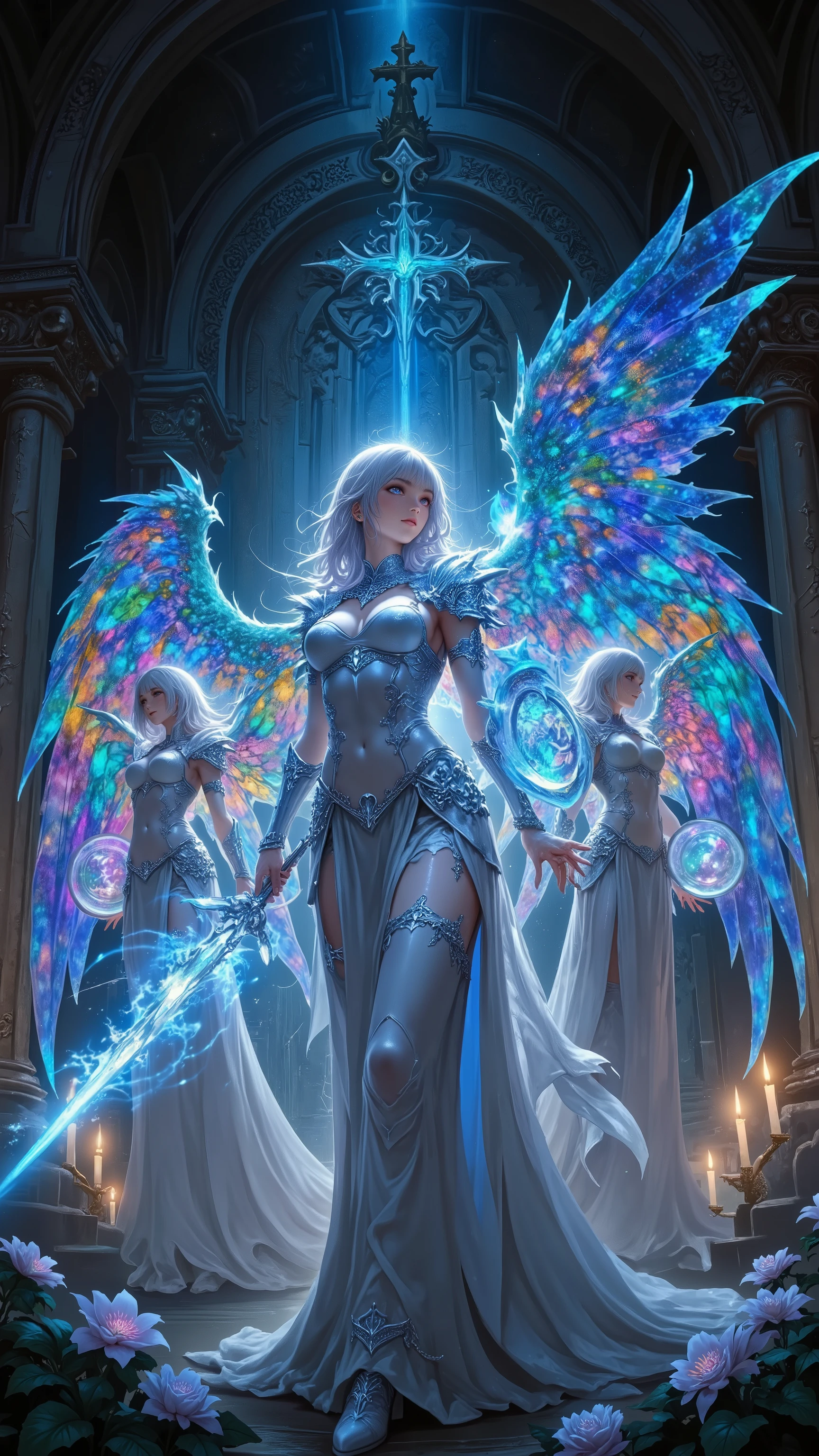  Female Angels, colorful angel wings,  see-through inner , Chain Armor,  Crystal Shield , Holy Grave,  precise engraving , 