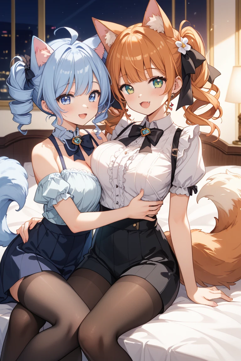 (Best quality, 8k, 32k, Masterpiece, UHD,:1.2),RAW, 2girls,ultra cute , natural lighting,transparent shining eyes, 20yo,medium breast ,fair complexion ,flushed face, Micro bra and panties, lace bra and panties, sexy bra and panties, ((all fours)), cat ears, (cat tail), kneeling, emphasizing breasts, From the front, Garter belt, emphasizing the Cleavage, meow, spreading legs, Embarrassed, medium hair,