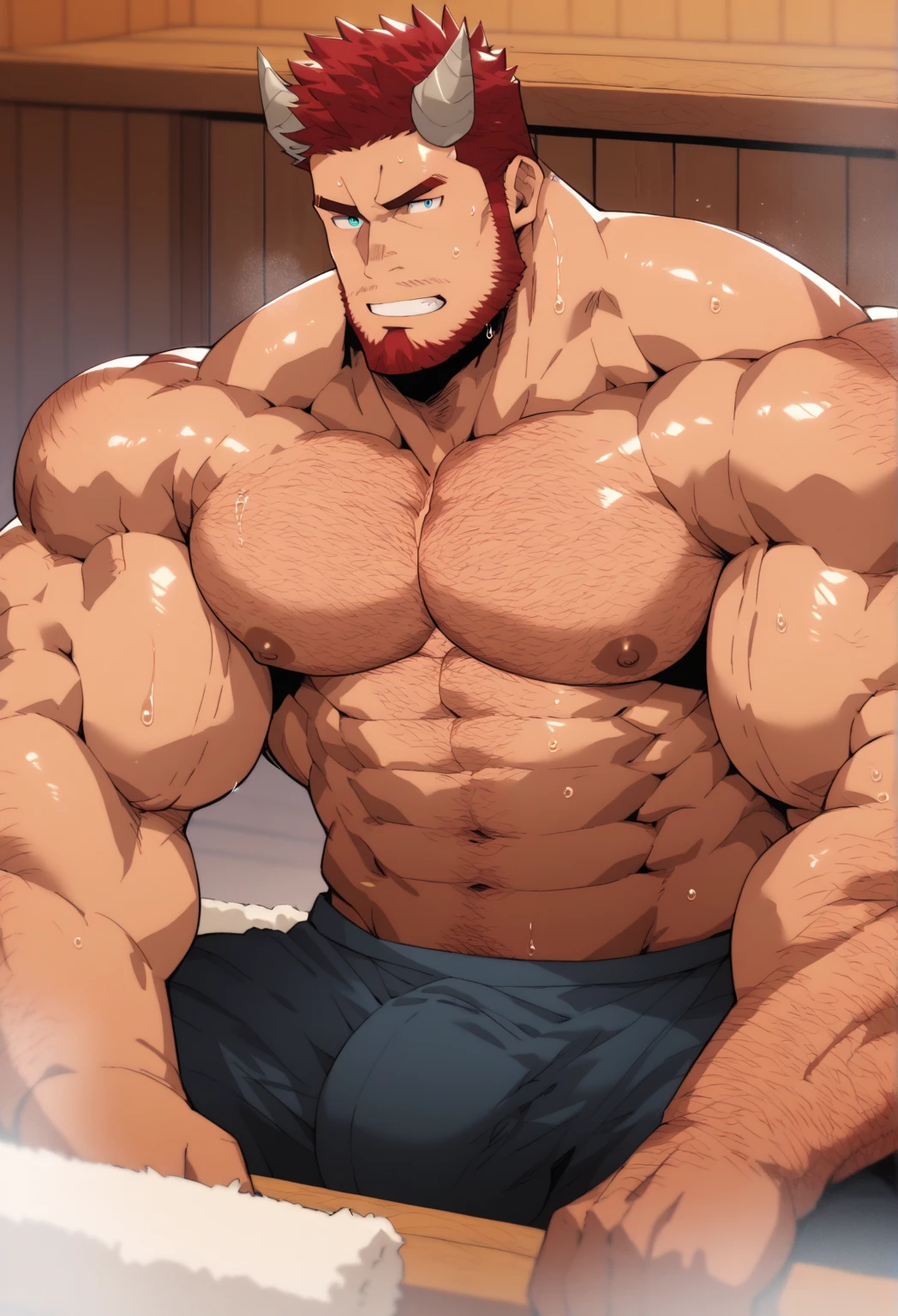 enji todoroki daddy fat, hairy chest, bearded, Big , muscular, Big thighs, handsome, Red hair, light brown skin, erected, Heroic pose, muscular arms, Big muscular chest, detailed light blue eyes, HD