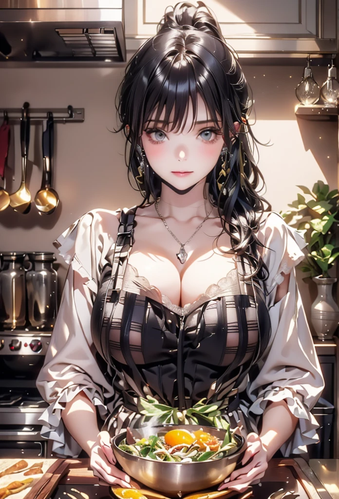 (from above:1.2),(from side:0.9),masterpiece, yor, 1girl, Bust A Cup, Amazing Cleavage:1.0, thin waist, big ass, Raised sexy, small breast: 1.0, posed cleavage:1.2、solo, looking at viewer, open mouth, have a cute grass of cute beergrass,black hair, dark green eyes, dress, bare shoulders, jewelry, collarbone, sidelocks, hairband, earrings, indoors, off shoulder, :o, sweater, arms behind back, plant, short hair with long locks, gild hairband, off-shoulder dress, sweater dress, off-shoulder sweater, red sweater, dark gord hair, big side hair, very long side hair,is rendered in (masterpiece: 1.2, best quality), with (ultra high resolution) and an exquisite (depth of field). This masterpiece is not only visually stunning but also tells,A scene of cooking in the kitchen by classroom