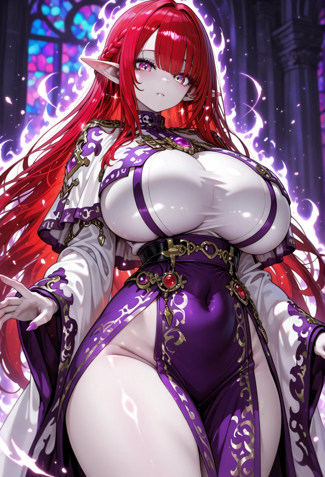 Big elf, red hair, purple jewel colored eyes, hot figure, big beauty, delicate and beautiful face, full body portrait, big eyes, beautiful face, big, transparent tulle texture clothing, sexy and alluring, plump body, hands holding chest, perfect body proportions, bumpy and convex