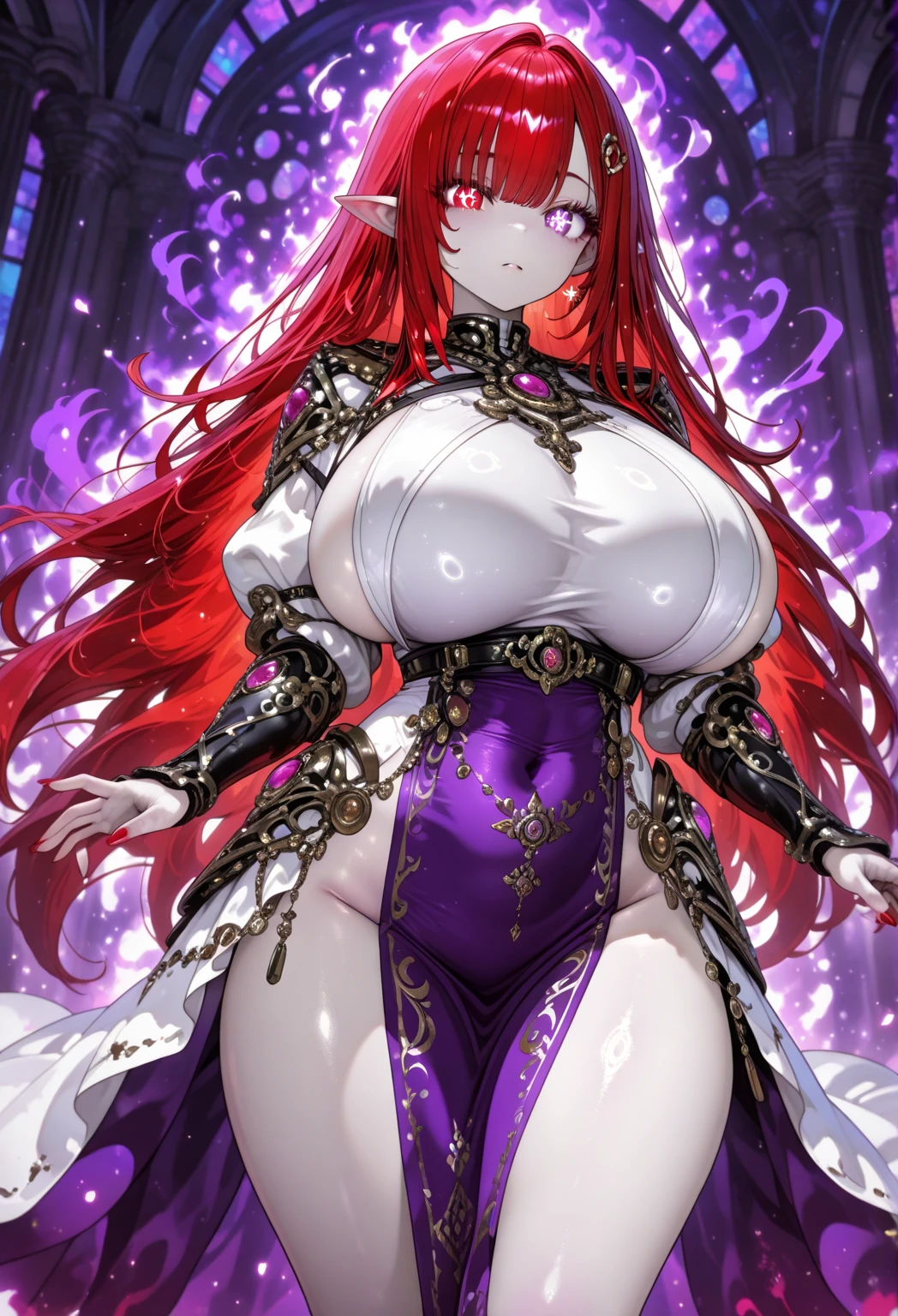 Long cascade red hair, emarald green eyes, plump pink lips, doll like, seductive, and slender, extremely feminine, round breasts, sweet looking, cute pink clothes