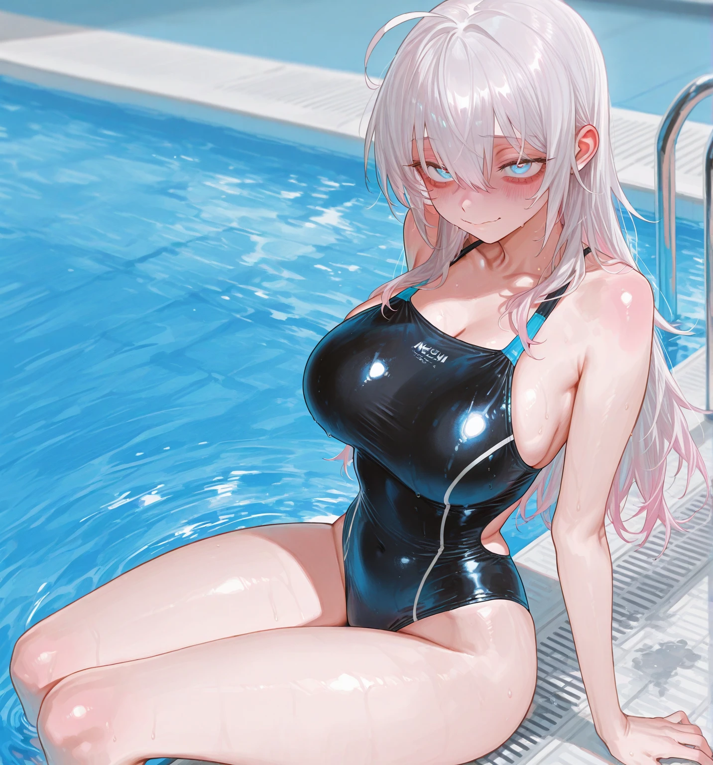 Top quality 8K UHD、glasses、wet silver metallic swimsuit、wet silver swimsuit、wet silver metallic swimsuit、wet silver metallic school swimsuit、short hair、glassesをかけた短髪の銀髪美女、muscular、sweaty、soaking wet、