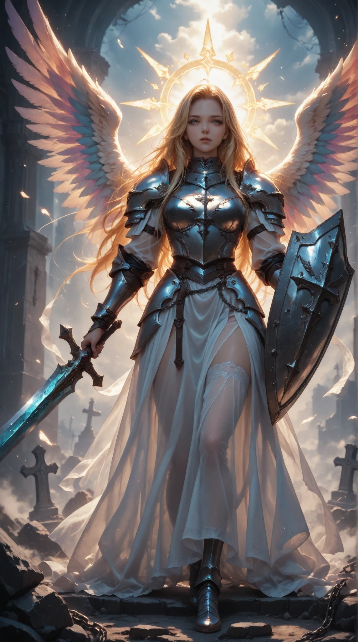 Female Angels, colorful angel wings, see-through inner , Chain Armor, Crystal Shield Sword, Holy Grave, precise engraving ,