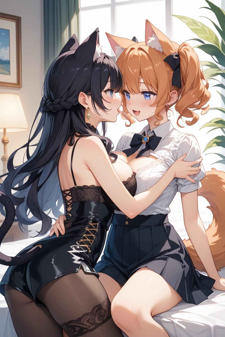 score_9, score_8_up, score_7_up, score_6_up, score_5_up, score_4_up, (two girls sitting on top of other), female anthro hyena, secretary clothes, skirt, high heels, lusty, fluffy body, long blond hair, turquoise eyes, (thick thighs:1.5)((( offering the breasts))) sex partial clothes, (((cleavage))) semi-butonned uniform niform, (barely_visible_booba) , giant breasts, garter belt tights