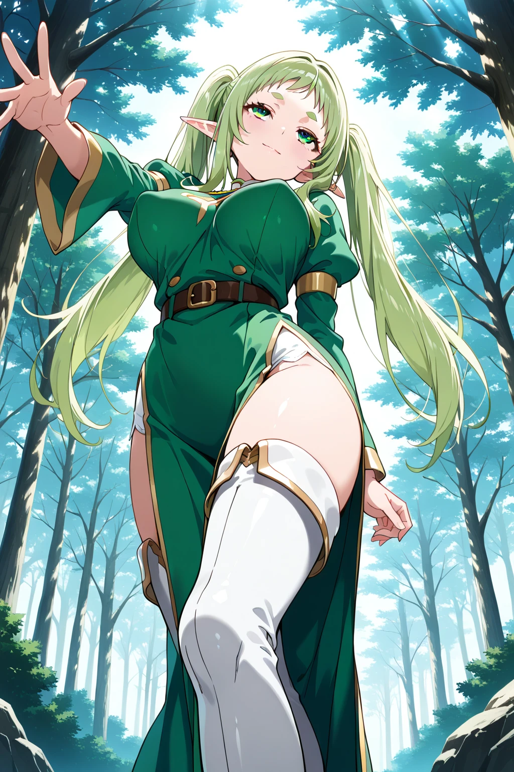 Ultra-high definition image quality、beautiful girl、Female Swordsman、Light Armor、Green Boots、Long Hair、blonde、20-year-old、have confidence々face、Very short tight skirt、Sexy stance、Cowgirl、wilderness、Highest quality,Big Ass、Big Breasts、Thighs、Grasping the hilt of the holy sword Excalibur、Pure white, luxuriously decorated panties、Jump with big strides and kicking off with your feet、Joan of Arc style clothing、Wind King Barrier、Her hair is fluttering in the wind、The Sword of Promised Victory、god々Wearing a new aura、Big Ass、Valkyrie the War Maiden、Ass Super Close-up、Angle from directly below