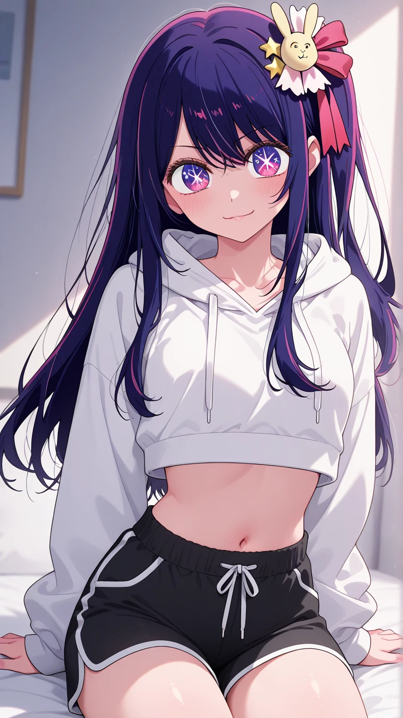 Teenage girl ((slim))((small stature)) ((White skin)) ((purple eyes)) ((black hair, long, emo on one eye)) ((Shy and blushing)) ((the plan)) ((small breasts)) ((small hips)) ((lying in bed with long, loose sweatshirt)) ((long skirt))