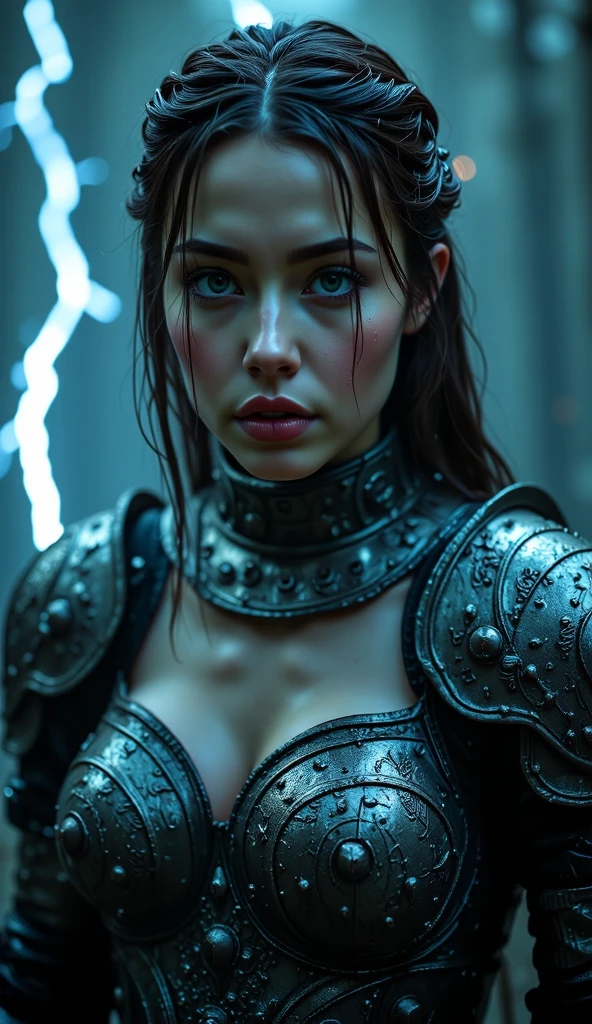 Detailed photo of futuristic beautiful female warrior in dystopian city, Tattered outfit with rusty metal armor plates, long wild hair, Tattoo arms and body, Fashion poses, Blue eyes with round iris, Detailed face, apocalyptic environment, Natural Body Poses, Professional Photographer, Shooting with a professional SLR camera, Professional fantasy artist, Professional Rococo and Baroque background artist, Professional Art Station Artist