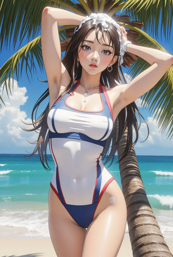 drooping eyes, sleepy face, (floral one piece swimwear with white color), (touching crotch with hand), self pleasure, closeup crotch, near the beach, sea, braid,