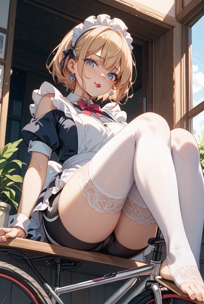 misaka mikoto, 1girl,18yo,brown short hair,perfect hands, perfect finger,perfect anatomy,masterpiece, best quality,realistic, hyperrealistic, 16k hdr, outdoors,blue sky,strong wind,from below,(happy smile),(skirt lift herself:1.5),(show off micro panty),(sexy maid dress,head dress,cleavage,ultra miniskirt:1.3),from below