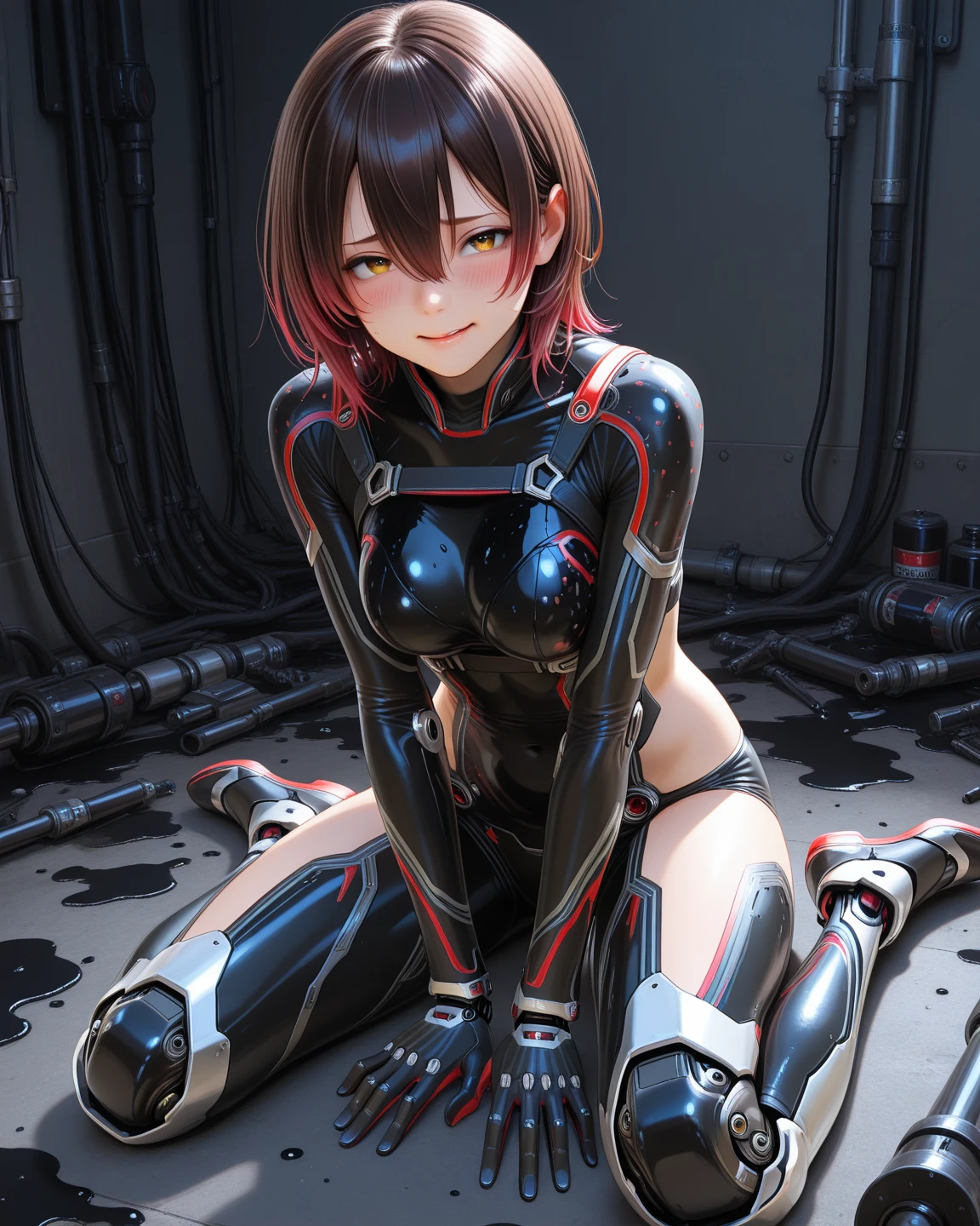 solo girl,Glossy metalic light silver tank top, tight latex shiny, Red interpolation color,Black hair bob,red eyes, camel toe, Samurai Sword,
Lift one leg, sexy lady, กางเกงใน girl,