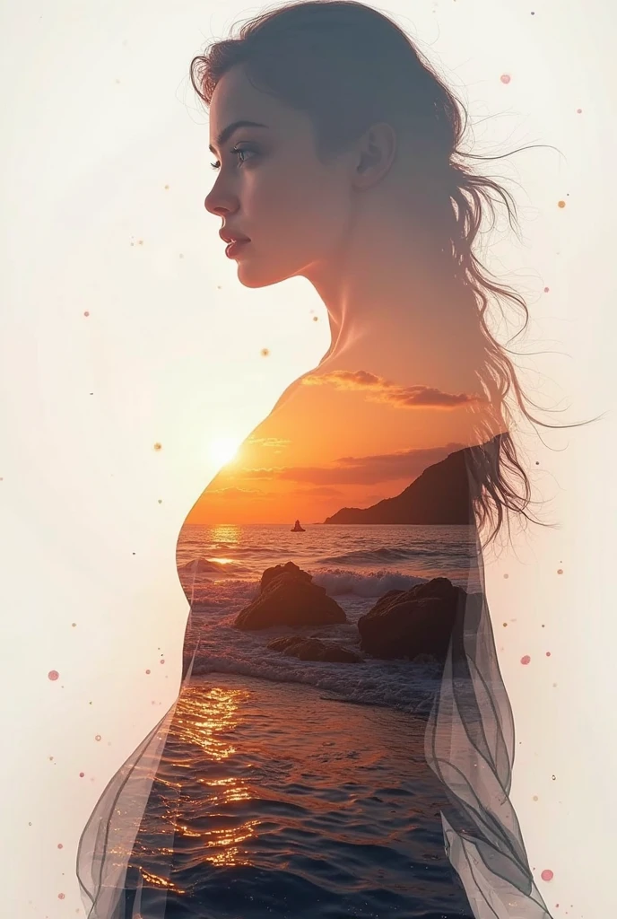 high quality, 8K Ultra HD, A beautiful double exposure that combines an goddess silhouette with sunset coast, sunset coast should serve as the underlying backdrop, with its details incorporated into the goddess , crisp lines, The background is monochrome, sharp focus, double exposure, by yukisakura, awesome full color,