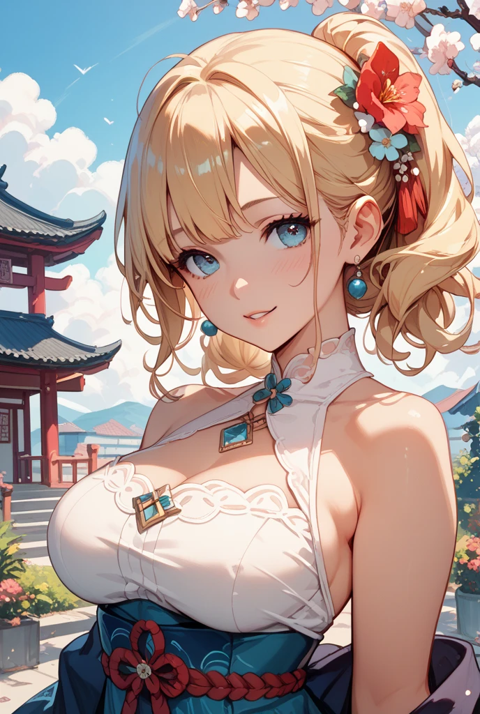 (high definition symmetrical image), angle from below, (female, round face, smiling, small breasts, focus on breasts)), drooping eyes, blush, blond, braid, complex designed around breasts, (((art nouveau and impressionism))),