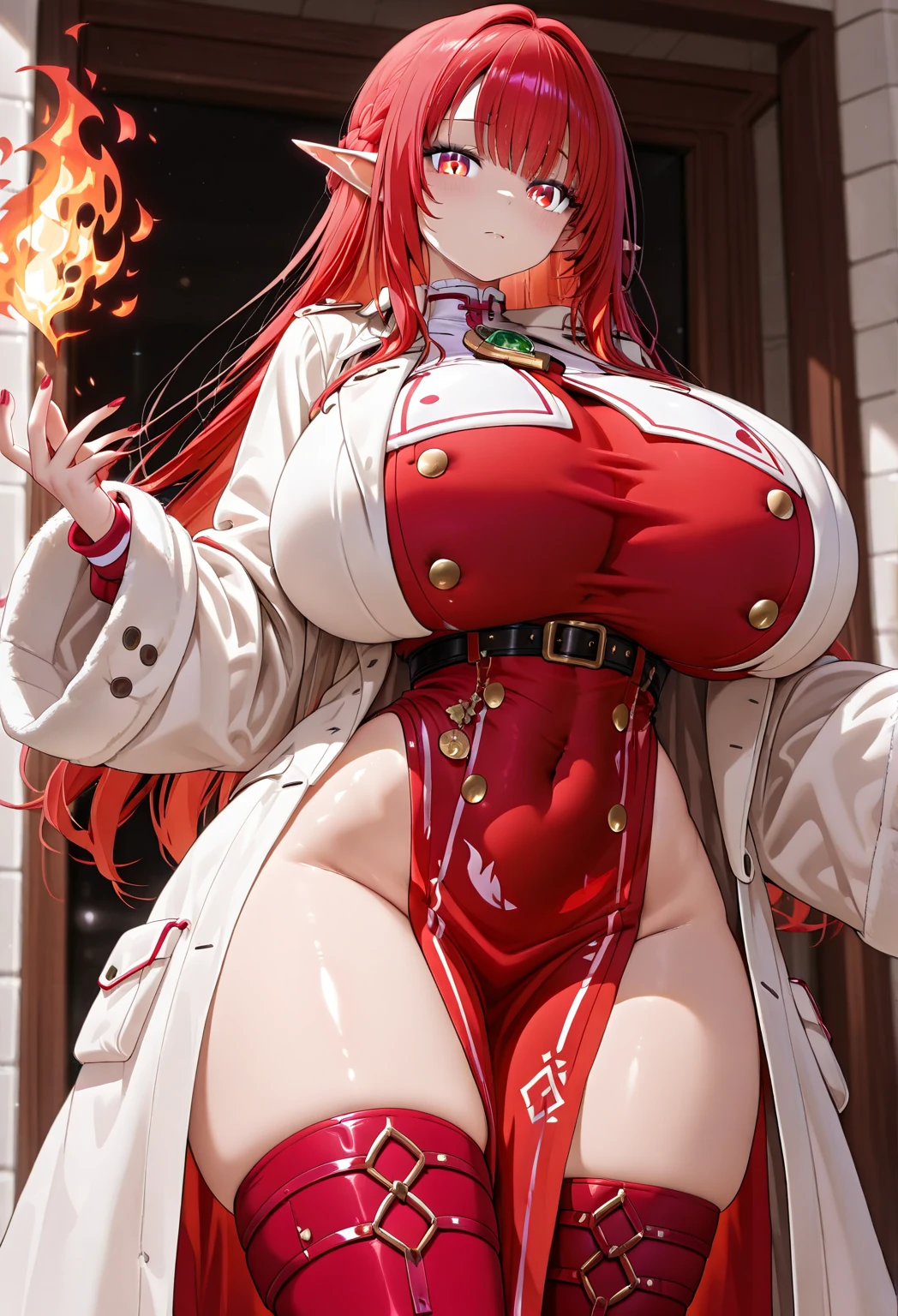 ((full_body))、Cute Woman、red_background、big_breasts、Detailed_skin、Detailed_Eye、Detailed_hair、nurse_custom、POP、vivid、smile、sexy_pose