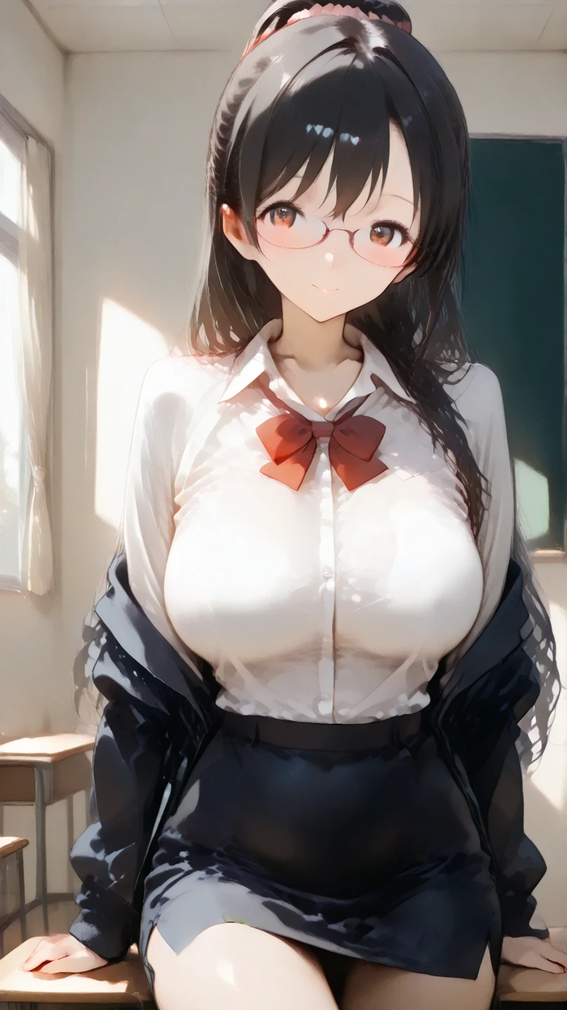 (masterpiece, highest quality, disorganized, advanced details, perfection), 1 girl, alone, mature woman, brown hair, long wavy hair, yellow eyes, parted bangs, side lock, big saggy breasts, long eyelashes, Black-rimmed round glasses, shopping, shop, shopping bag, white collared shirt, black suspender skirt, Happy, light smile, jewelry, stud earrings, bracelet, walk, suggest something sexual, cowboy shot, black bow tie, I can see my thighs I can see the nipples