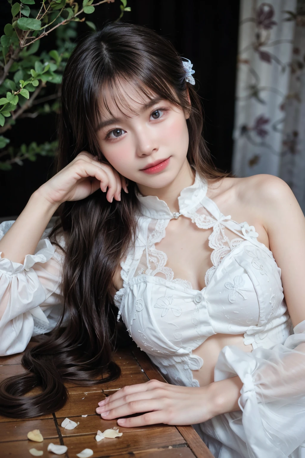 ((シースルーLolita Costume Outfit,Lace, Aerith Gainsborough))((Half naked))、whole body viewing angle、beautiful, calm and bright look、Sexy and refreshing look、完璧なbeautifulcute顔、Very bright、Long bangs between the eyes、Long black hair straight hair、とてもcute、beautifully、Sexy young tiny woman、非常に完璧なbeautifulcute顔、、Real女性、cute,((Small breasts:1.4))、(()) And a very slim figure,Very thin leganicules、Earrings、Pink Lip、choker、Real、Highest quality、Detailed face、Detailed Background、Depth of written boundary、alone、night,Highest quality、High resolution、超High resolution(Real:1.4)Detailed eyes、Gradation、Perfect anatomical figure、Woman with perfect body、Highly detailed skin、非常にDetailed face、細部までbeautiful目、Background blur、