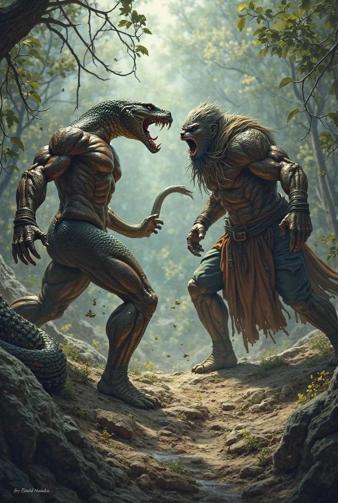 anthro male muscular man and woman morphing into anthro eagles, male, female, by taran fiddler, duo, jungle, , expressive, dynamic, attractive, power stance, torn clothes, pain