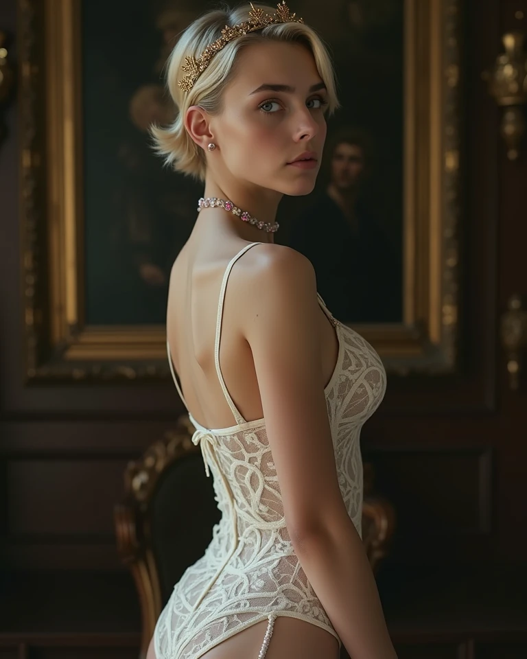 A girl similar to Dita Von Teese, but with short curly blonde hair, exotic beauty, charismatic, exquisite beauty, slender figure, thin waist, breasts
third size, open bust, red lips, ethnic tattoos on the body, dressed in Gothic style, in the background of a room in a Gothic castle, gothic, exquisite erotica, masterpiece, art photography, premium class, art photography, RAV format, art painting, 8k , cinematic quality