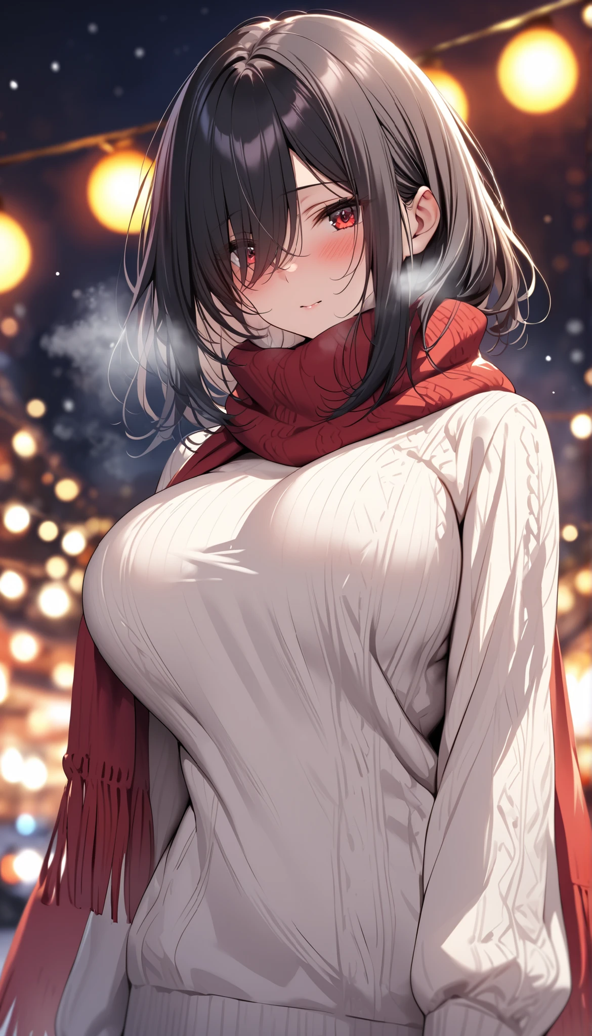 (masterpiece, Highest quality:1.2), (1girl), alone, (medium hair), (black hair)), (straight hair), (hair over face), (hair over one eye), (hair over right eye), high detail, bloom, (beautiful effects), (white Sweater high neck), detailed eyes, (huge breast), red eyes, (winter),(lights) , blush, standing, ((close-up)), ((red warm scarf)), cold, breath,