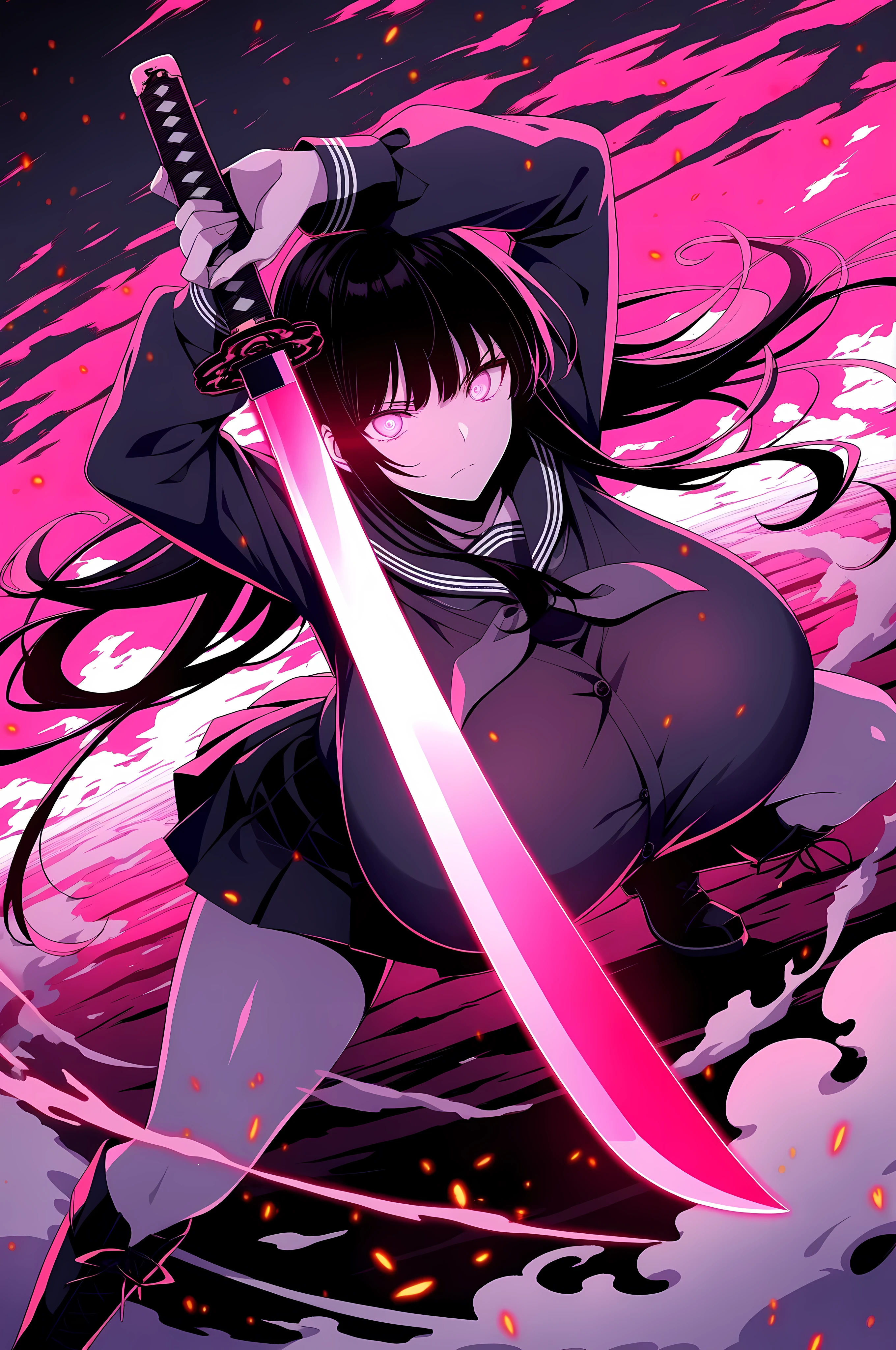 (((Masterpiece))), top Quality, dynamic composition, 1girl, hand on katana, unsheathing, school uniform, solo, black hair, looking at viewer, bangs, fuchsia eyes, long hair, closed mouth, embers, black background, boots, dynamic pose, dutch angle,foreshortening, twilight, glowing, ink background, abstract background, bright colors, dark, pink theme, gray smoke, neon trim, gigantic breasts,