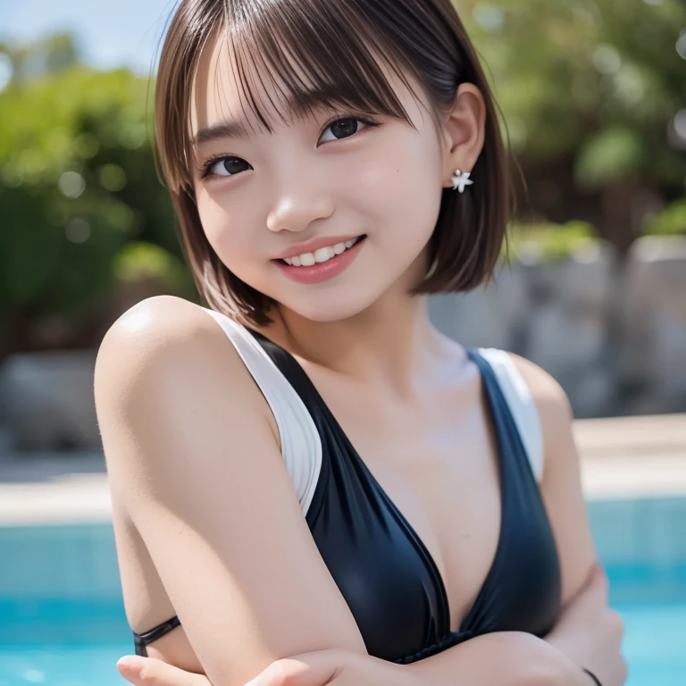 Cute 21 year old Japanese、屋内スイミングPool、Super detailed face、Attention to detail、double eyelid、Beautiful thin nose、Sharp focus:1.2、Beautiful woman:1.4、(Light brown hair,Short-haired、),White skin、Highest quality、masterpiece、Ultra-high resolution、(Photorealistic:1.4)、Highly detailed and professionally lit smile、School Swimsuit、紺のSchool Swimsuit、Pool、