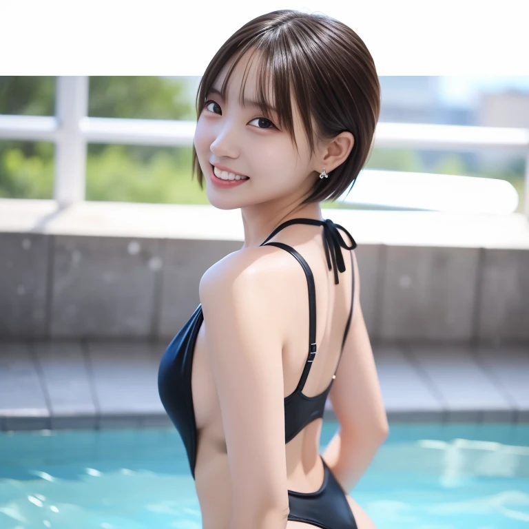 8K、Realistic、A detailed face、poolside,Detailed mouth、A detailed eye、wetted skin、is standing、A smile、photographed from the back、large full breasts、sports wear、training gym、(1 mole in the mouth)、(Mole on the face)、brown haired、bob cuts、full bodyesbian
