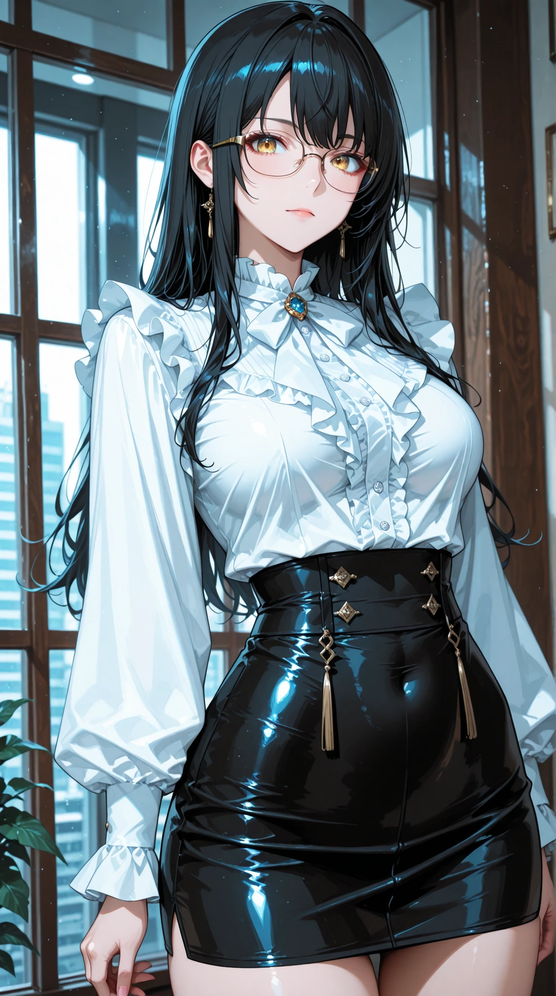 women in their late 20s,tight frill blouse, glasses, tight miniskirt,