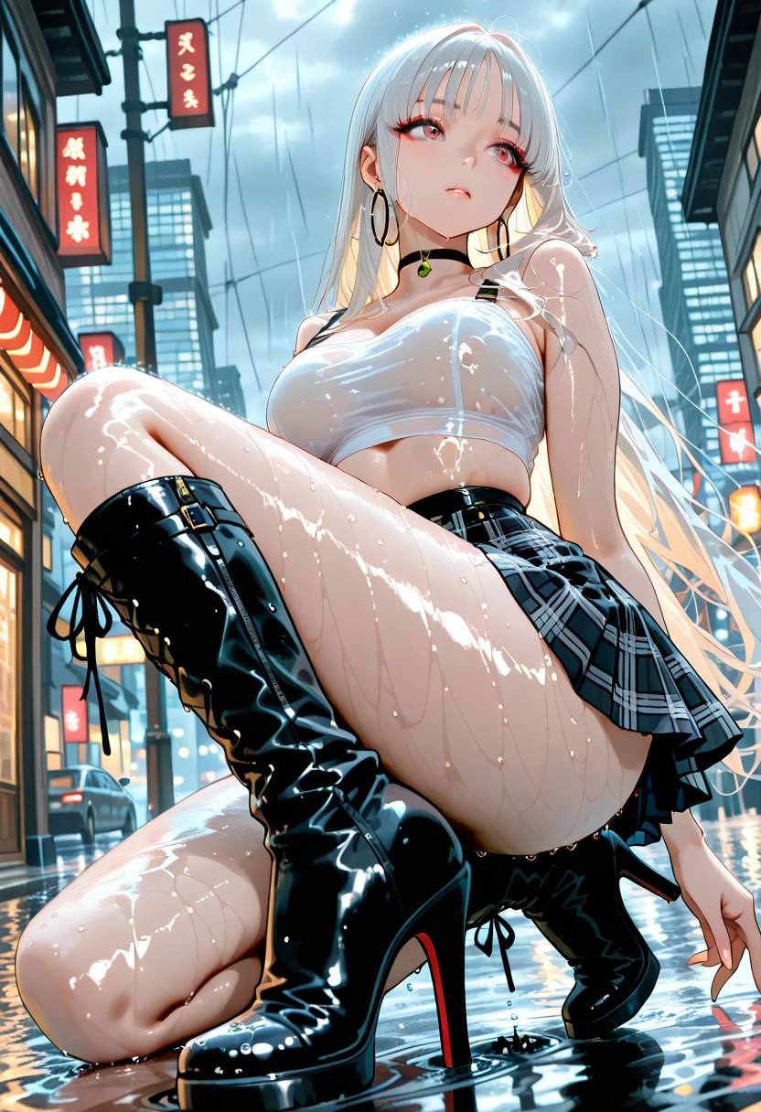 8K, Best Quality, Masterpiece, Ultra High Resolution, (Realism: 1.4), (Realistic Skin Texture: 1.3), 1 beautiful girl, Long platinum hair, Background model shoot, leashed collar, small breasts, ahegao, stockings, tanlines, tan, hairy, cum, orgasm squirt, squirting, shirt and skirt, butt