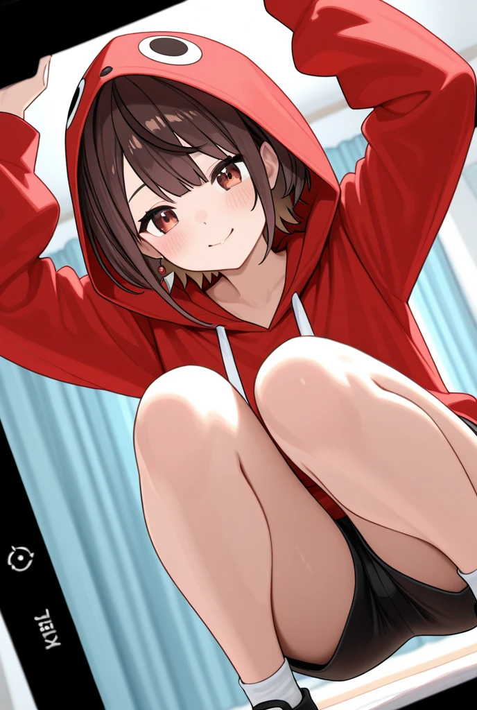 X-rated，Under the legend，Chara，teenage girl，Red-eyed，Smile，Sexy，green，Chest leak，short crop top，hot pant，with short brown haice turned red，Underwear model，lust，Hand repair，detail， clothing，HD，no underwares， television show，Upturned buttocks，stick out your tongue，Playful，love heart，sweat，big ass，sitting，opening legs，open legs，camel-toe