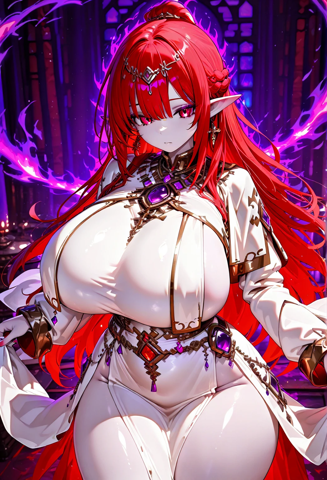 1girl,solo,purple hair color,long hair,dragon's horn, red eyes,red gorgeous dress,Gorgeous necklace,super huge breasts,slender,condescending look,smile,near,castle,in gorgeous room