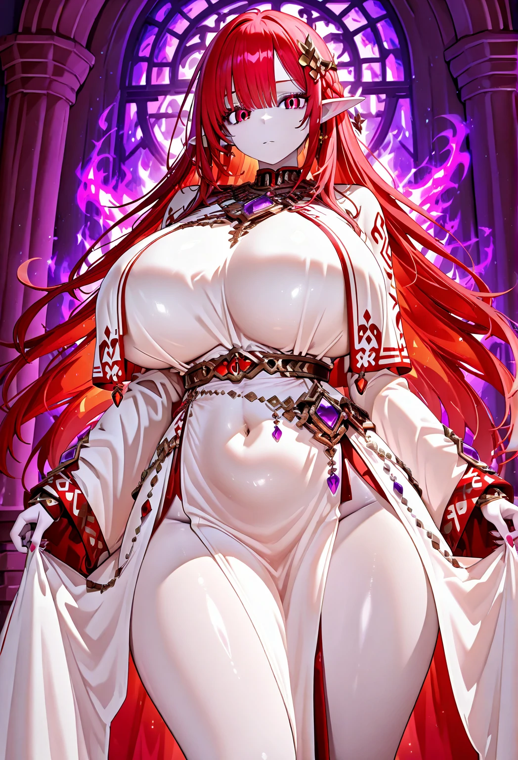 ((best qualityer)), ((work of art)), girl with big reddish pink hair with white highlights, amber eyes,highlighted curves, Cherry reddish bangs and lips.