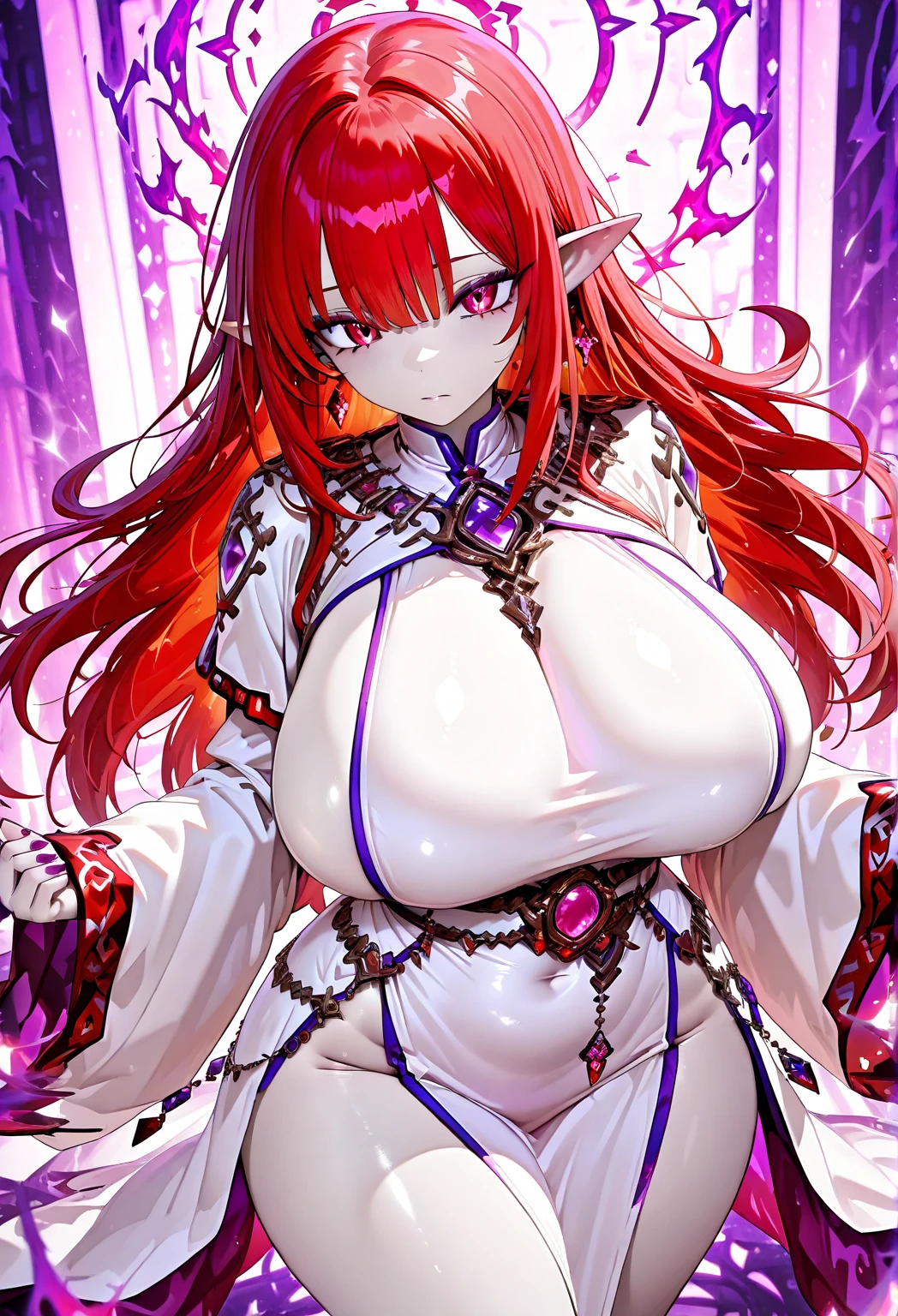 looks straight, feet shoulder width apart, hands on the sides, happy face, turned to face, red mini skirt, White shirt, black unbuttoned blazer, thick thighs, Incredibly huge breasts, tight clothes, purple dragon tail