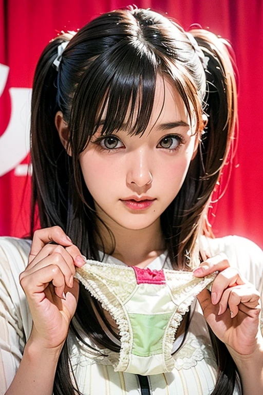 Very large random pattern panties、Patterned panties、ponytail、bangs、Face is close、Close face、Panties in front、Showing panties、Very big panties、Pretty big panties
