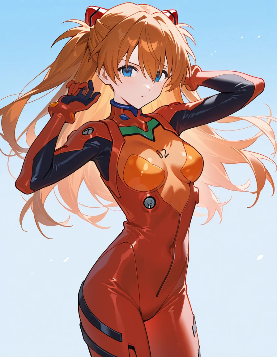 Soryu Asuka Langley, (table top, highest quality, become familiar with), 1 girl,sexy, huge breasts, alone, arm behind head, cowboy shot, interface headset, red bodysuit, simple background.