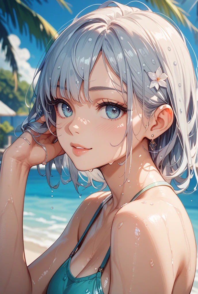 (best quality, 16K, masterpiece :1.3), pretty Woman, 1 girl, (Large Breasts, Beautiful clavicle, Attractive figure :1.2), short hair, Wavy ends, Silver hair gradient light blue hair, messy hair, side chain, (wet from rain, get wet by rain, wet :1.2), Sky blue gradient lake green eyes, Look up, students shine, Students reflect on their surroundings, super detailed face, delicate lips, exquisite eyes, double eyelids, long upper eyelashes,