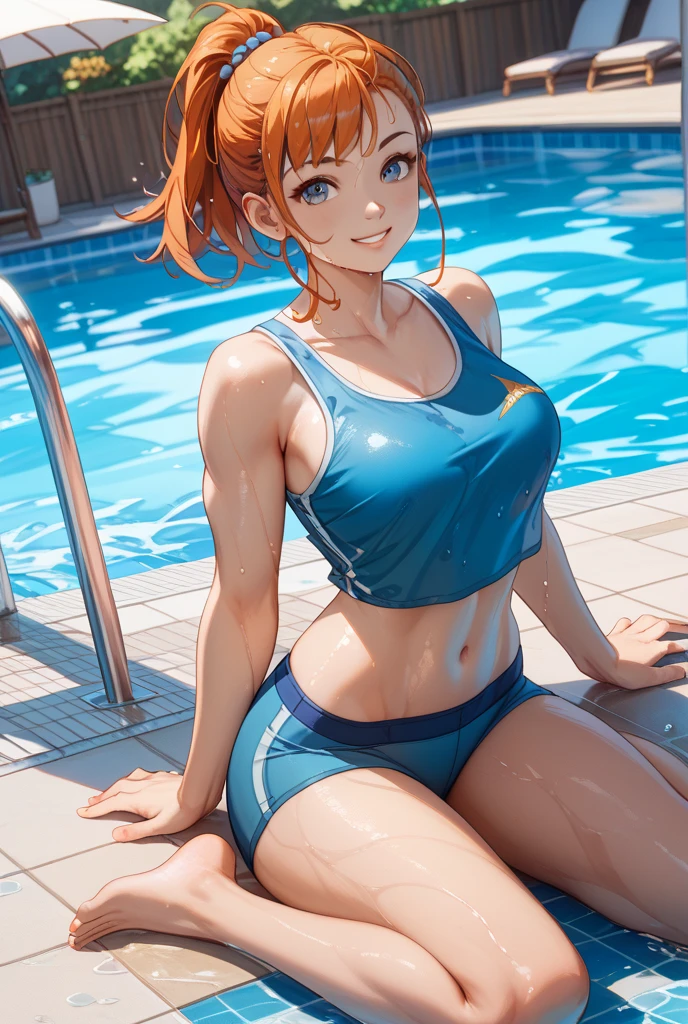 ((masterpiece))、((Top image quality))、((top-quality))、(((Illustration of one woman)))、(((Muscle Girl)))、full body Esbian、((30-years old))、((neuter))、((twin tails with orange hair))、Red Eyes、((Long body))、(((Armpit hairy)))、(((perspiring)))、((Steam wafting all over the body))、((Body wet with sweat))、(((Muscular and strong body)))、((Split abs))、(((muscular and thick arms)))、(((muscular and thick thighs)))、((manspreading))、((Sports Swimwear))、Sitting on a deck chair、in poolside