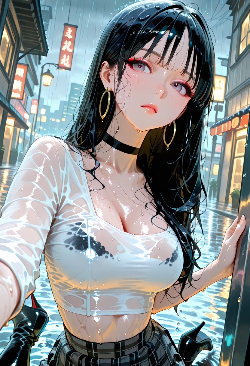 (RAW shooting, Photoreal:1.5, 8K, highest quality, masterpiece, ultra high resolution), perfect dynamic composition:1.2, Night street corner of a modern city, expression of sadness:0.3, (((Typhoon heavy rain))), Highly detailed skin and facial textures:1.2, Slim office lady wet in the rain:1.3, Japanese girl, 22 years old, Fair skin, white skin, sexy beauty:1.1, perfect style:1.2, beautiful and aesthetic:1.1, very beautiful face, water droplets on the skin, High Ponytail, (rain drips all over my body:1.2, wet body:1.2, wet hair:1.3), (wet Red silk dress:1.3), collarbone, belt, (Big , Bra see-through, Chest gap), (cry, lovelorn, The expression on your face when you feel intense caress, Facial expression when feeling pleasure), (beautiful black eyes, Eyes that feel beautiful eros:0.8), (Too erotic:0.9, Bewitching:0.9), cowboy shot, necklace, earrings, bracelet, clock