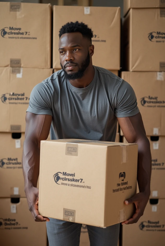 Black man without a shirt with a large Amazon box in his hands 