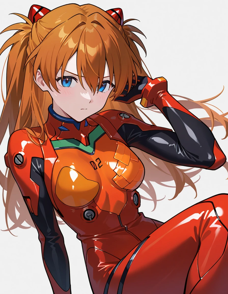 Soryu Asuka Langley, (masterpiece, Highest quality, detailed), One girl, alone, Put your arms behind your head, Cowboy Shot, Interface Headset, Red bodysuit, Simple Background.