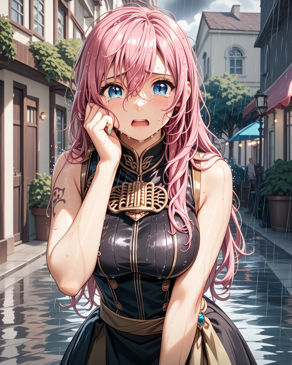 Dots are、Bright pink cheeks、she has chin-length, curly, golden blonde hair with wavy bangs.、she'Dark skinned girl。. she is wearing a bright red headband with a ribbon on the right side of her head.. Dots are、she wears a shiny pastel blue and scarlet red dress with a small ribbon belt around her waist。, white collar, 4 crimson buttons, Bright red lining. sheのドレスの下には赤と淡いブルーのチュールスカートがある.. she also、Red top with white socks、she is wearing carnation pink high-top sneakers with bright red shoelaces.。. Shine; Glitter