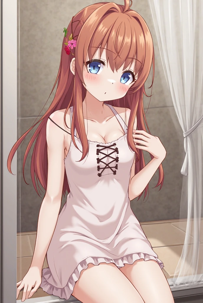 masterpiece, best quality, highres, nm1, wariza, Miku Nakano, sleep dress, bed dress, lingerie, in bed, inroom, in bedroom, sit on the bed, 1 girl,