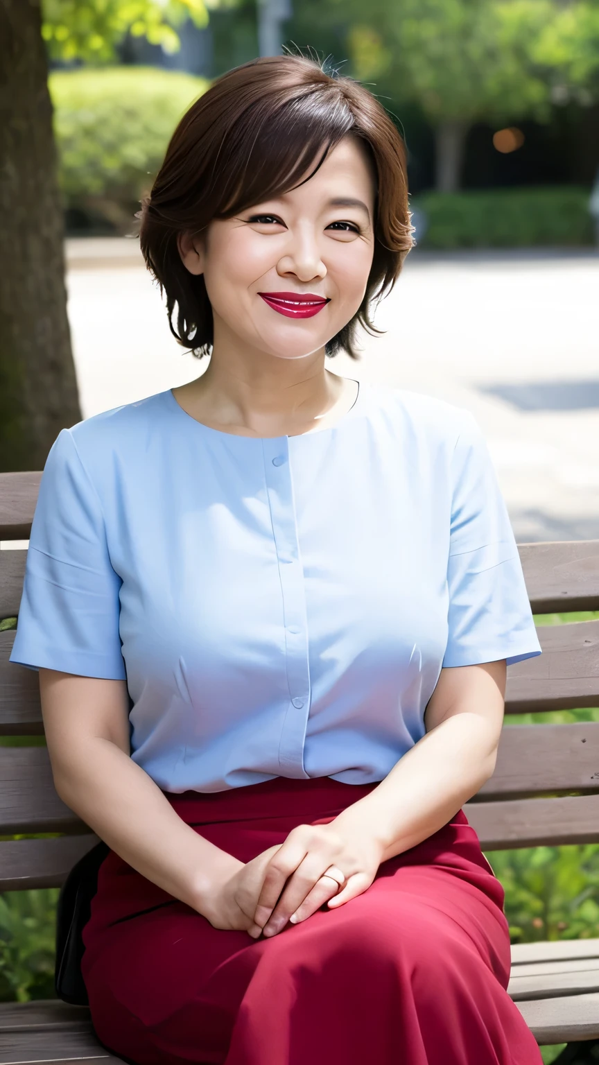 Sitting on a park bench, Wrinkles around the eyes, Smiling with teeth showing, Plain short-sleeved clothing, senior citizen, Draw lips correctly, Red lipstick, No discomfort, 16K, Highest quality, Very detailed, Realistic, Very detailed肌, (Japanese), (alone), 60 years old, Large Breasts, , Glamour, sexy, Chromo White Skin, Staring straight ahead,
