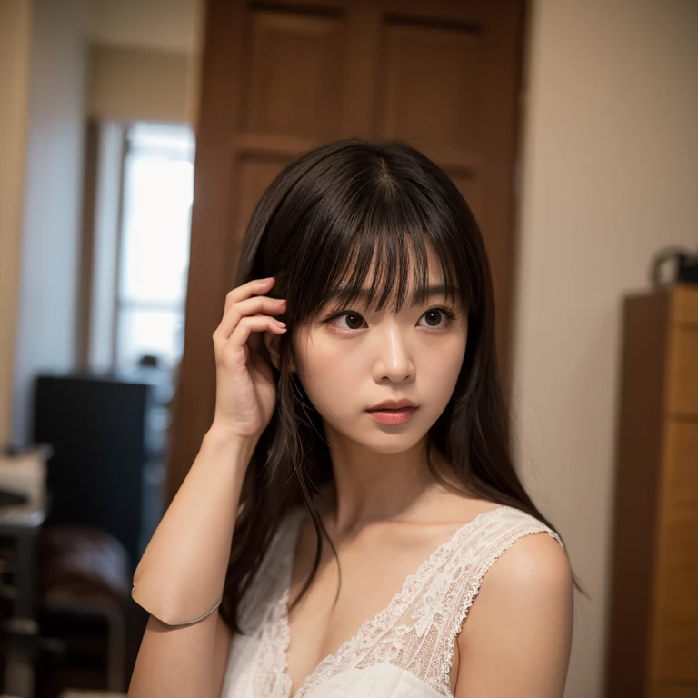 arafed asian woman in white tank top leaning against a curtain, wearing white camisole, beautiful asian girl, asian girl, young cute wan asian face, young asian girl, in white clothes, girl cute-fine-face, young and cute girl, a young asian woman, anime thai girl, photo taken with canon 5d