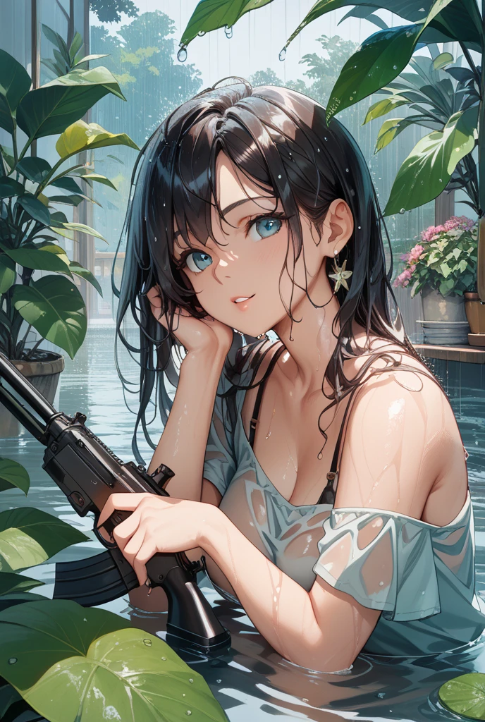 masterpiece, best quality, high resolution, extremely detailed CG, GTA5, 1girl, colorful patterned bikini, holding gun, rifle, barefoot