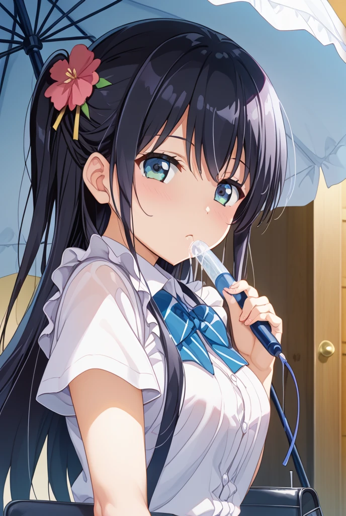 handjob,side view,eye-level shot,face focus,open mouth,tongue out,cum on tongue,Licking a white dildo,(1girl,Beautiful 16 year old girl),((Slender,Small breasts,Baby Face,Small face,)),looking at viewer,Black Hair,bangs,two side up,Gray Eyes,Drooping eyes,slit pupils,narrow eyes,ollarbone,white t-shirt,bare shoulder,Denim mini skirt,Beautiful and detailed anime art,Mischievous smile,Dimly lit room,Simple Background,Gray background,Low lighting
